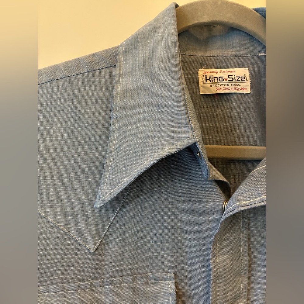 King Size XL Big & Tall Pearl Snap Western Blue Short Sleeve vintage USA made - Picture 4 of 7